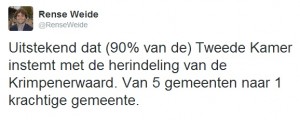 Instemmende reacties op Twitter op het Kamerbesluit, zoals van VVD-Statenlid Rense Weide.